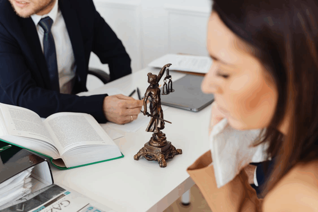 Lawyer consulting a client about a small claims court case with Lady Justice statue on the desk