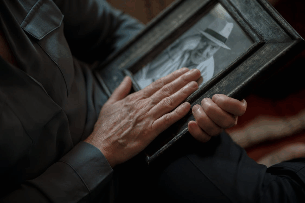 Elderly person holding and touching a framed photo of a deceased loved one in remembrance