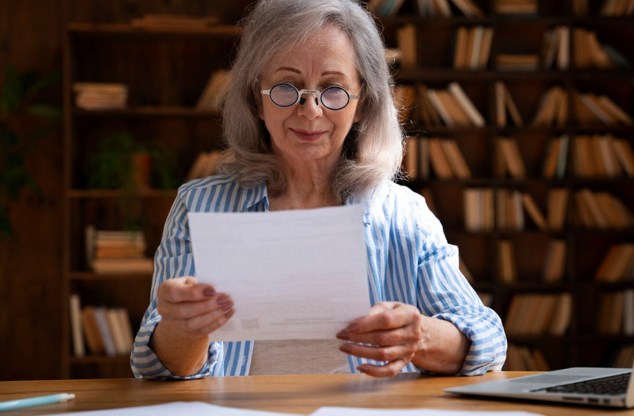 Senior woman reviewing her living will or advance directive paperwork